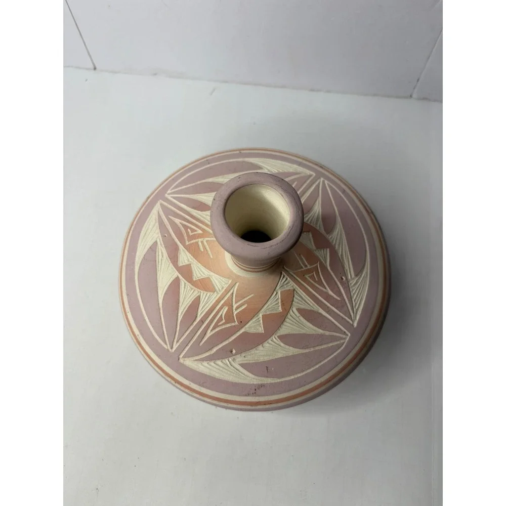 R Thomas Navajo Pottery Etched Seed Vase Mauve Peach Geometric Southwestern 6.5